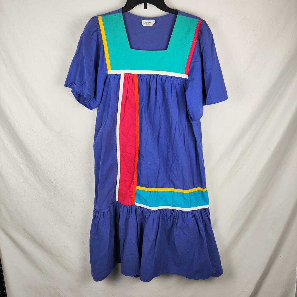 APPEL Dress Womens One Size Multicolour Colorblock Puff Sleeve Midi Vintage